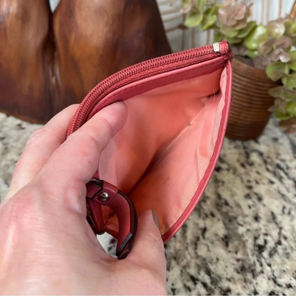COACH Coral Pink Leather Zip Card Pouch with Key Ring
